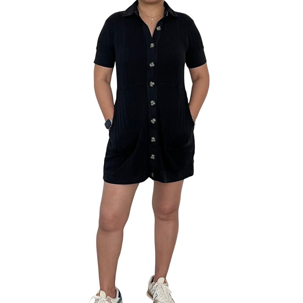 Free People Beach Black Ribbed Knit Mini Dress Button Front S resort wear